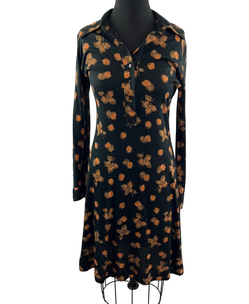 Vintage Fleur de Lis Black Orange 13/14 Wrap Dress Floral Collared Button-Up VTG